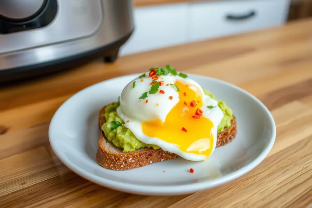 Perfectly poached egg on avocado toast with chili flakes and herbs.