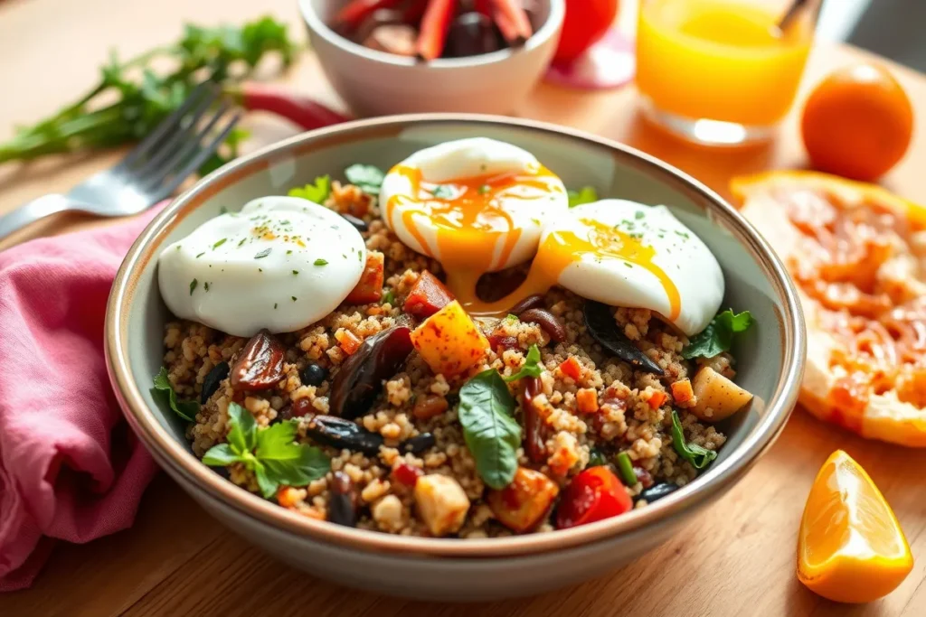 Poached eggs on a grain bowl with roasted vegetables.