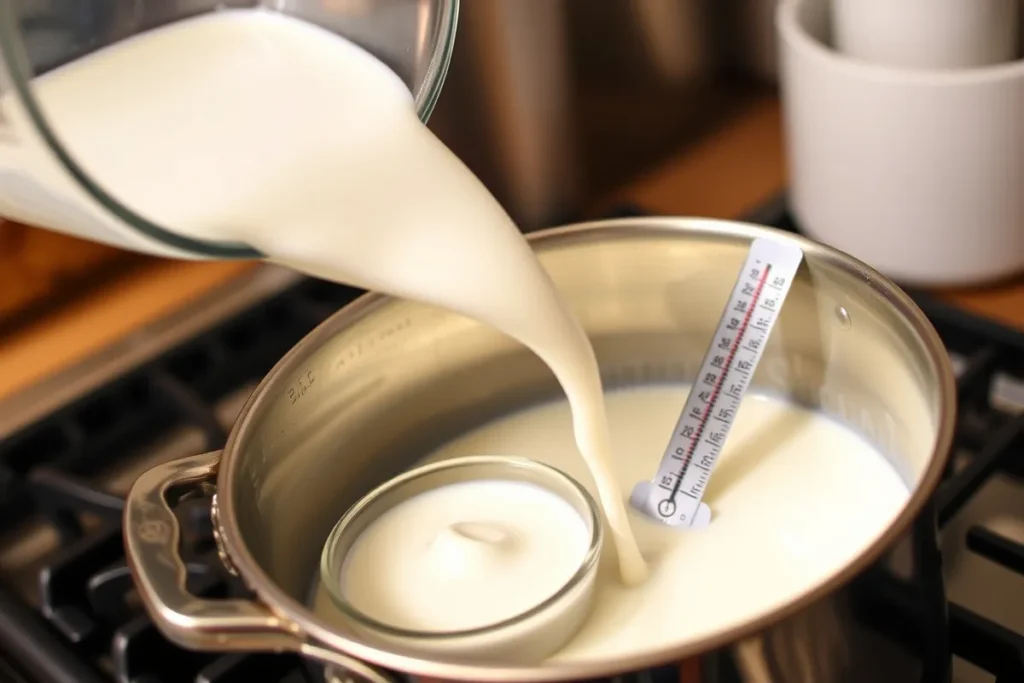 Milk being prepared for yogurt-making with a thermometer to ensure the right temperature.