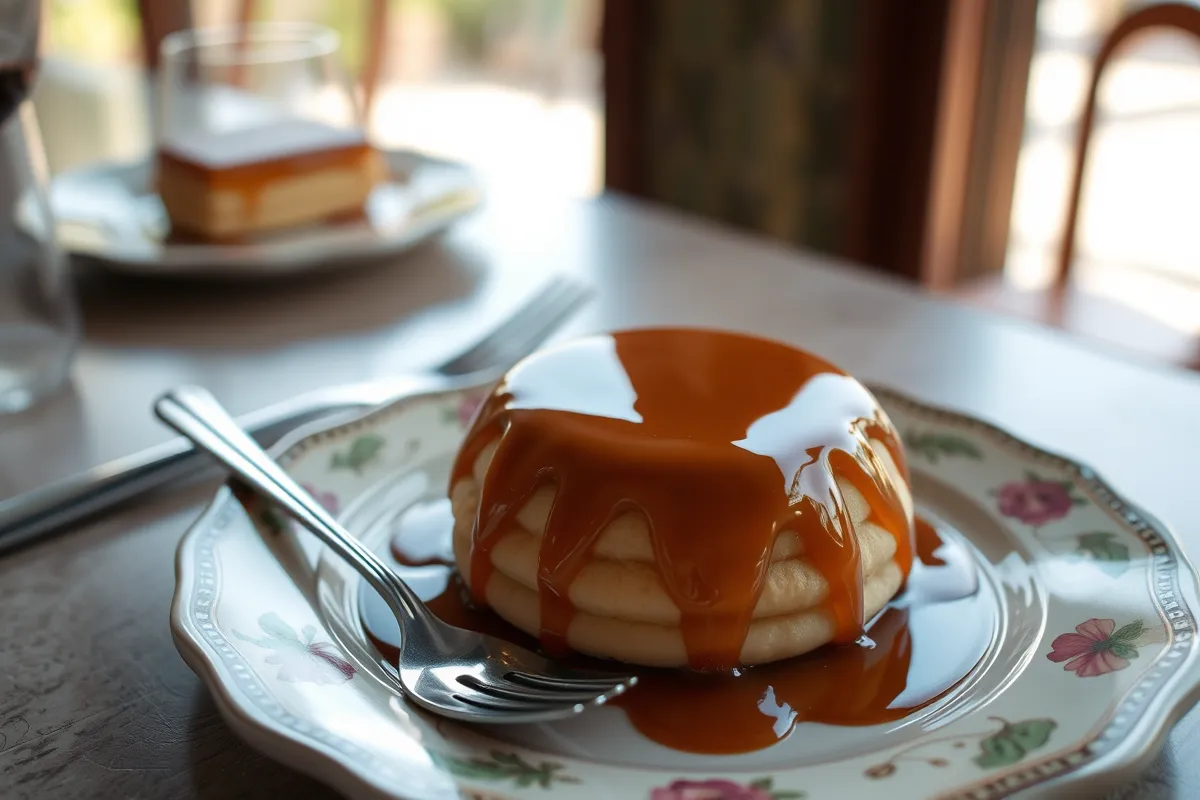 Traditional Latin American quesillo dessert with caramel topping.