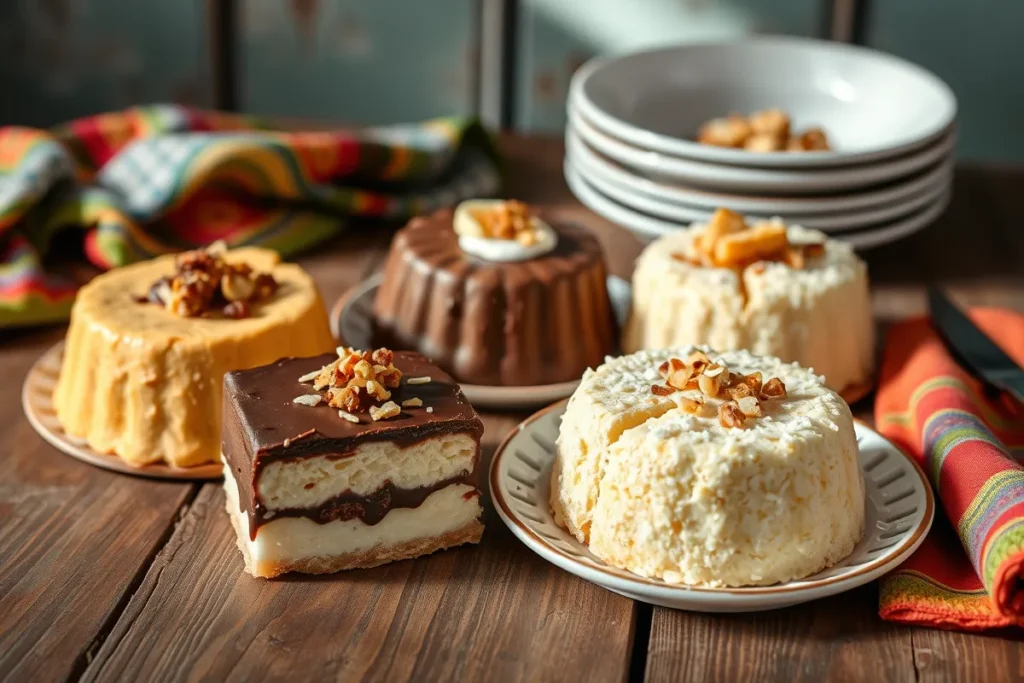  Different variations of quesillo dessert, including chocolate and coconut.