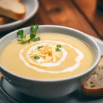 Creamy potato soup garnished with parsley, cheese, and cream.