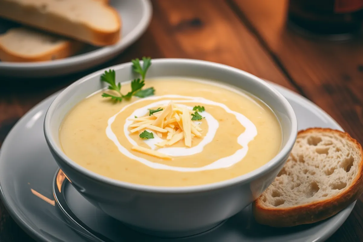 Creamy potato soup garnished with parsley, cheese, and cream.