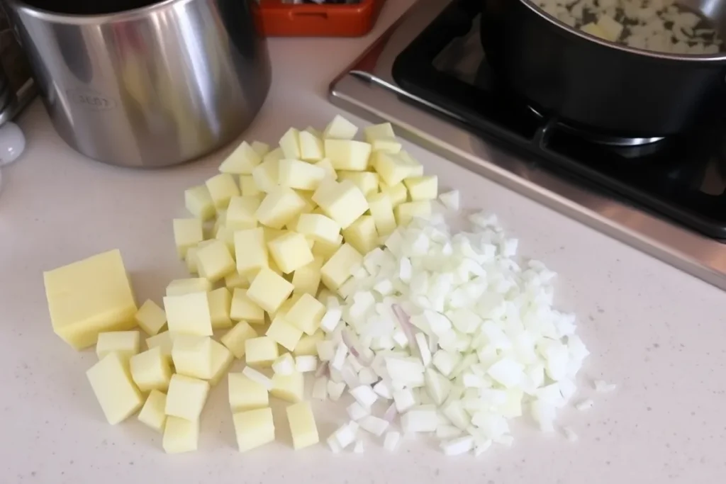 Ingredients for potato soup on a counter, with onions sautéing in a pot.