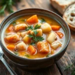 Creamy salmon soup with fresh salmon and vegetables