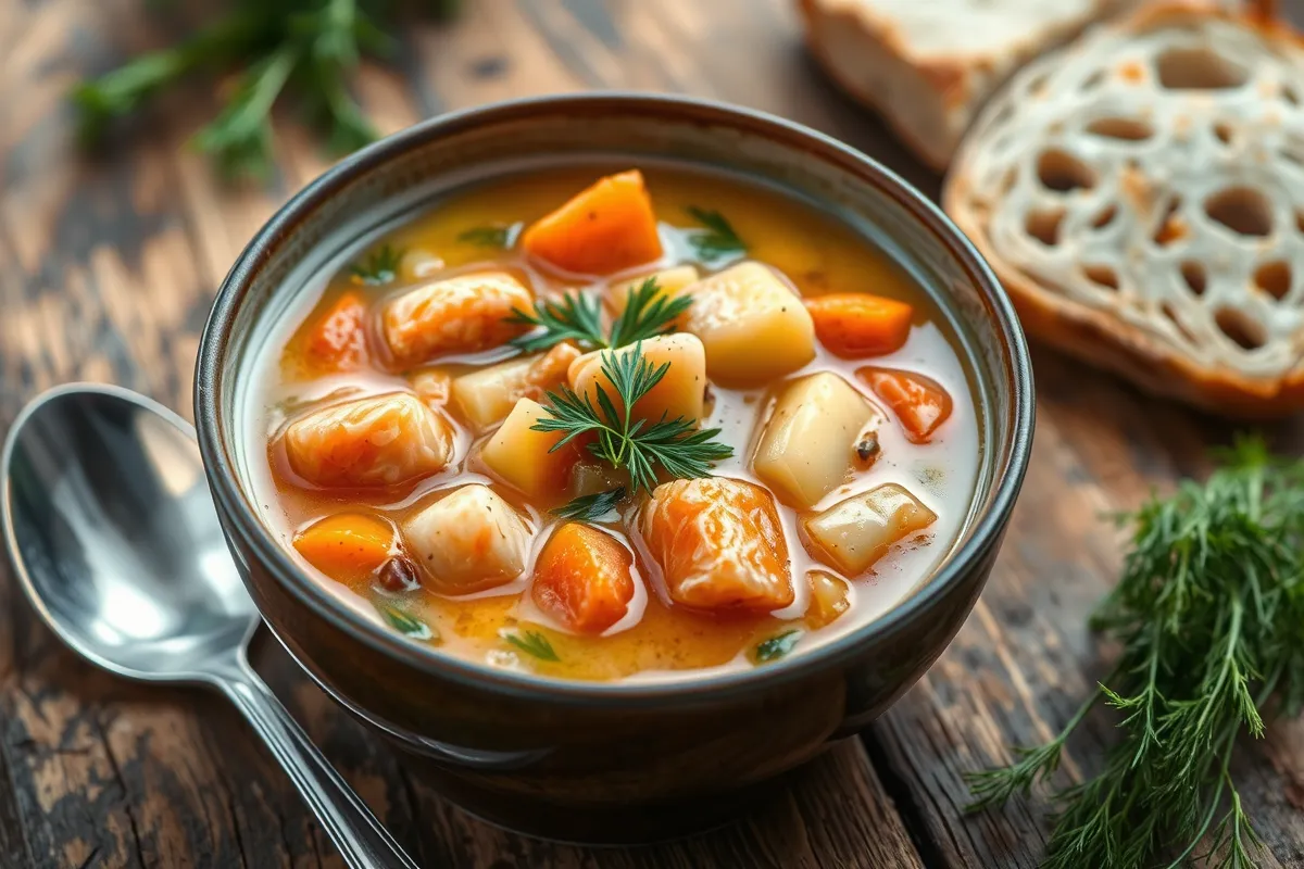 Creamy salmon soup with fresh salmon and vegetables