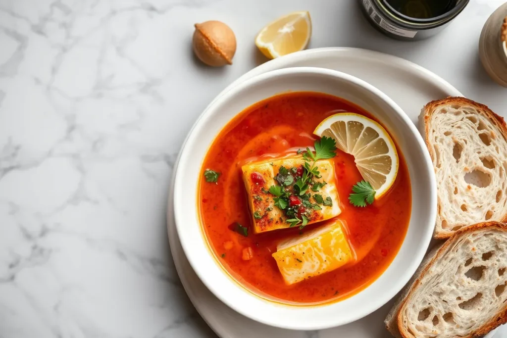 Mediterranean salmon soup with a tomato-based broth and fresh herbs