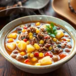 A hearty bowl of Cowboy Soup with ground beef, vegetables, and broth on a rustic table.