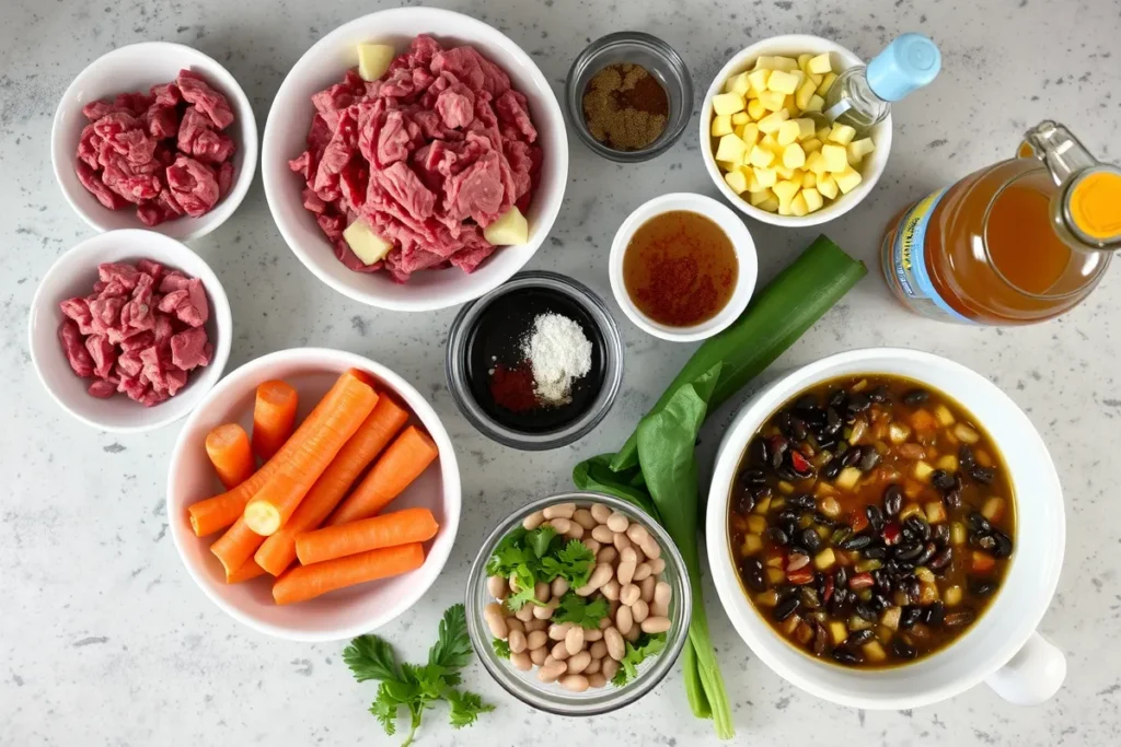 Raw ingredients for Cowboy Soup displayed on a kitchen counter.