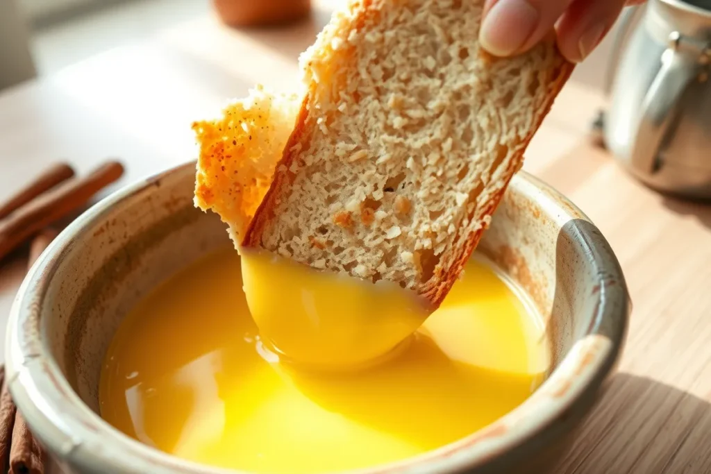 Dipping sourdough bread into spiced batter.