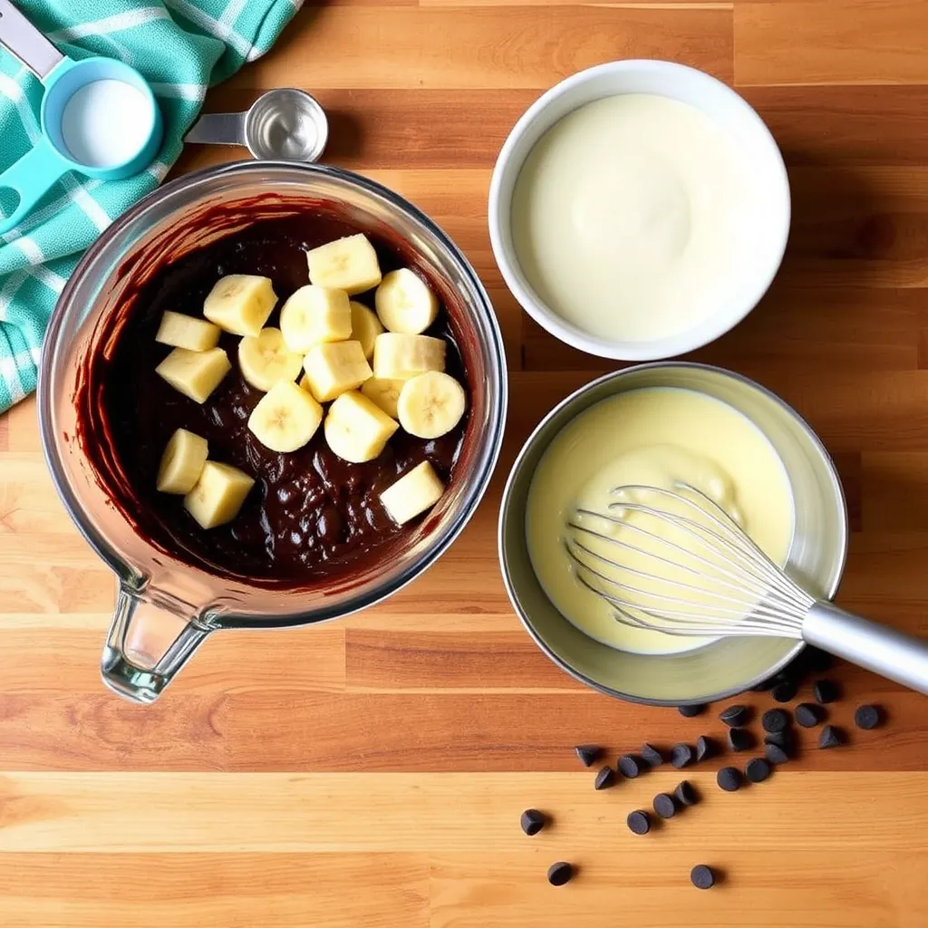  Overhead shot of ingredients for banana pudding brownies during preparation.