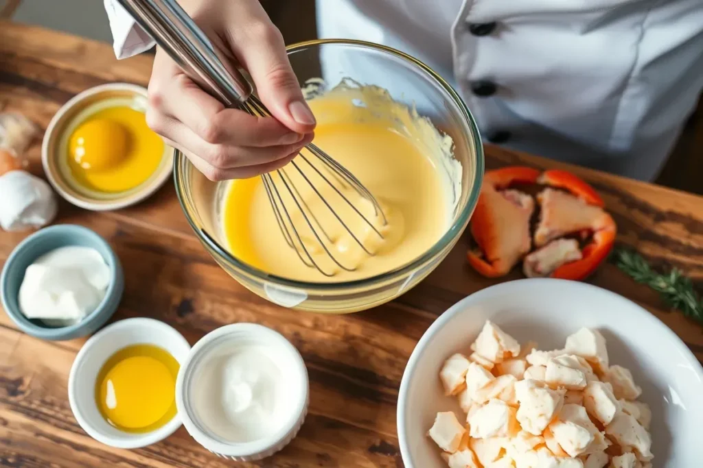 Chef whisking a custard base for crab brûlée, with ingredients like egg yolks, cream, and crab meat on a wooden countertop.