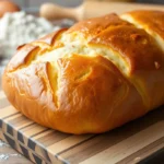 A golden brioche loaf with an egg-washed crust on a wooden board.