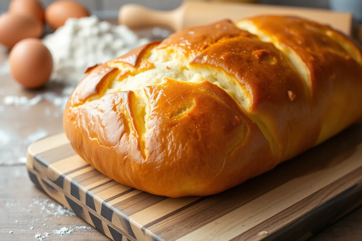 A golden brioche loaf with an egg-washed crust on a wooden board.