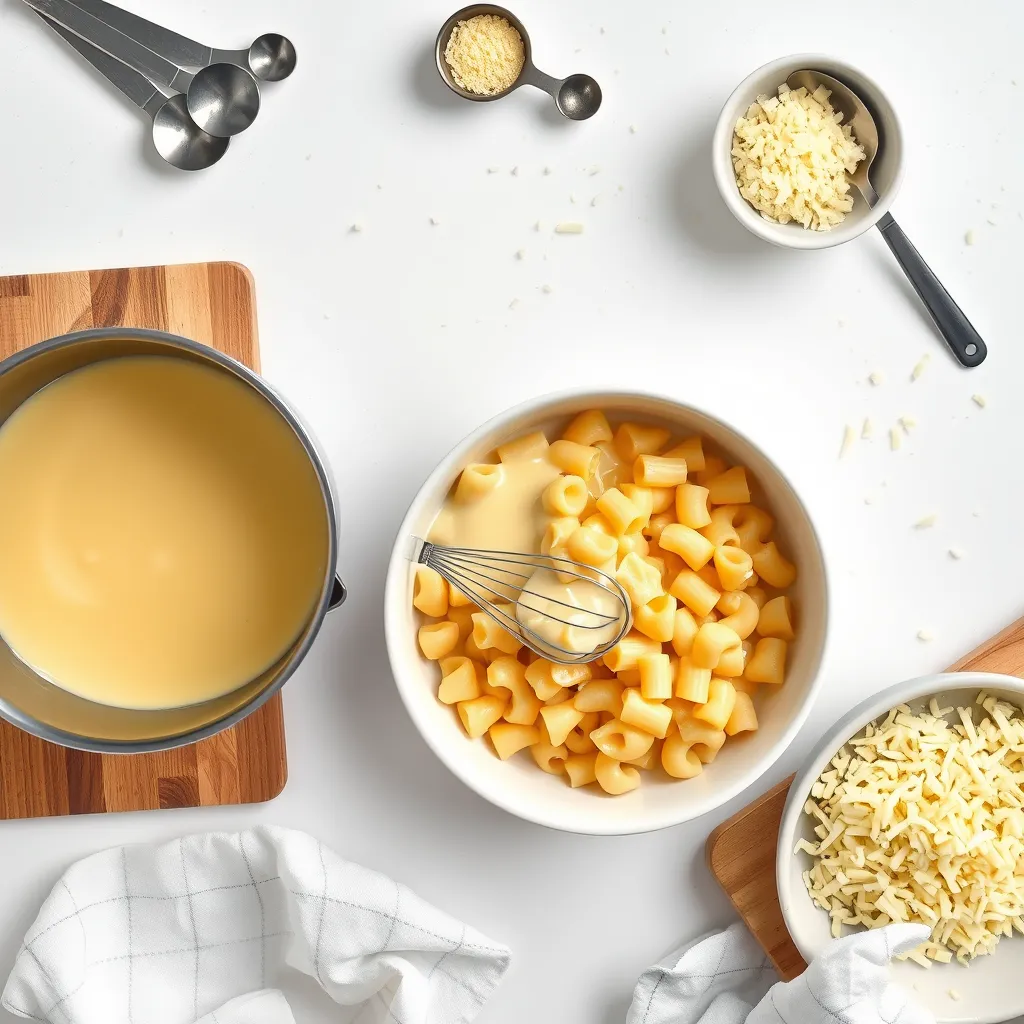 Overhead shot of mac and cheese preparation, showing creamy cheese sauce and pasta.