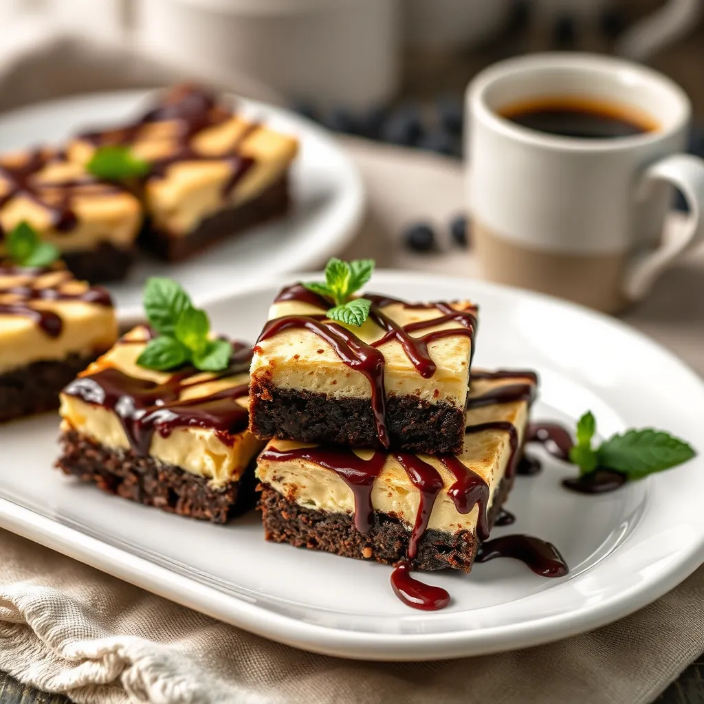 Cheesecake brownies served on a plate with coffee and mint garnish.