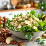 A fresh chicken salad with greens, celery, and diced chicken served in a bowl.