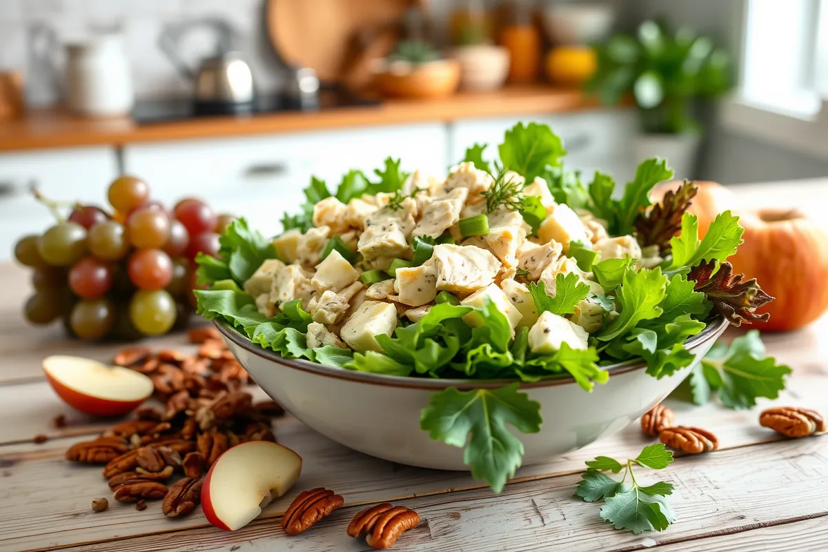 A fresh chicken salad with greens, celery, and diced chicken served in a bowl.