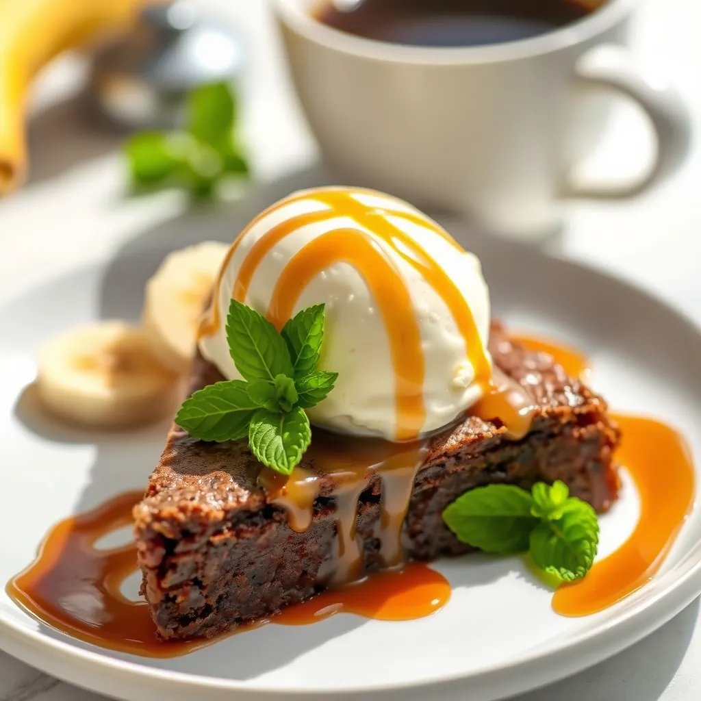 A banana brownie slice served with vanilla ice cream and caramel drizzle.