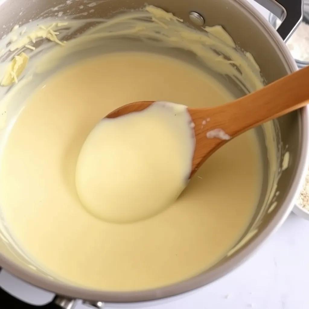 : Close-up of creamy white cheddar cheese sauce being stirred.