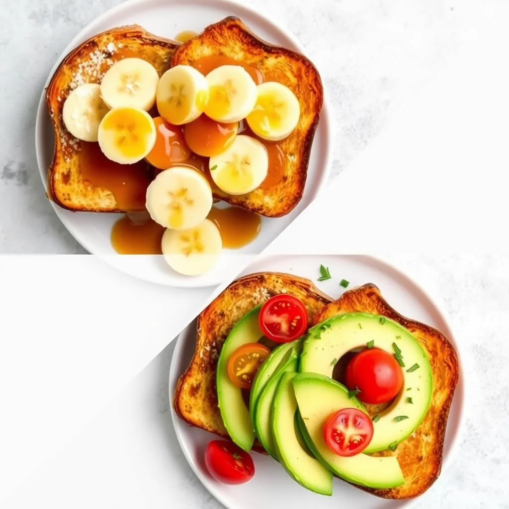  Sweet and savory variations of egg-free French toast on separate plates.