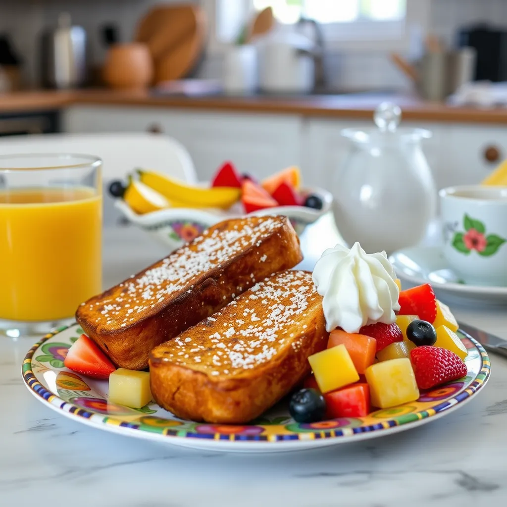 Banana bread French toast served with fruit salad and orange juice.