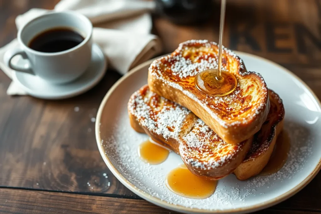 A plate of sourdough bread French toast topped with maple syrup.