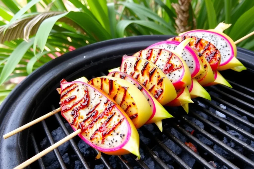 Grilled dragon fruit skewers on a charcoal grill.