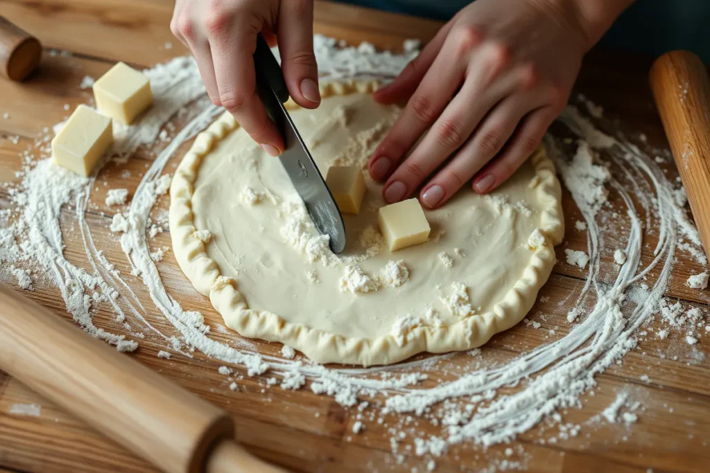 Preparing pie dough with butter and flour on a wooden surface.