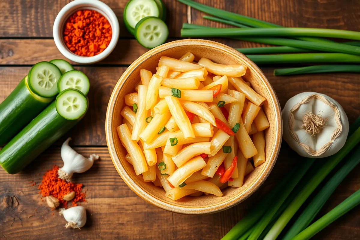 Freshly prepared cucumber kimchi in a traditional Korean bowl.