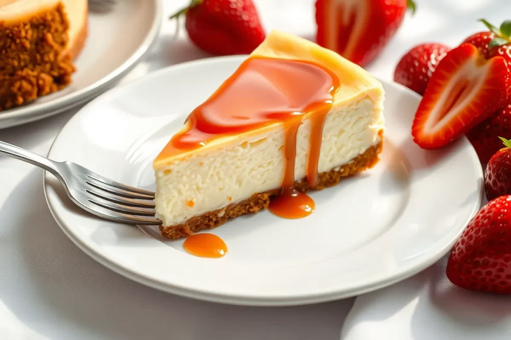 Slice of New York cheesecake with caramel drizzle and fresh strawberries.