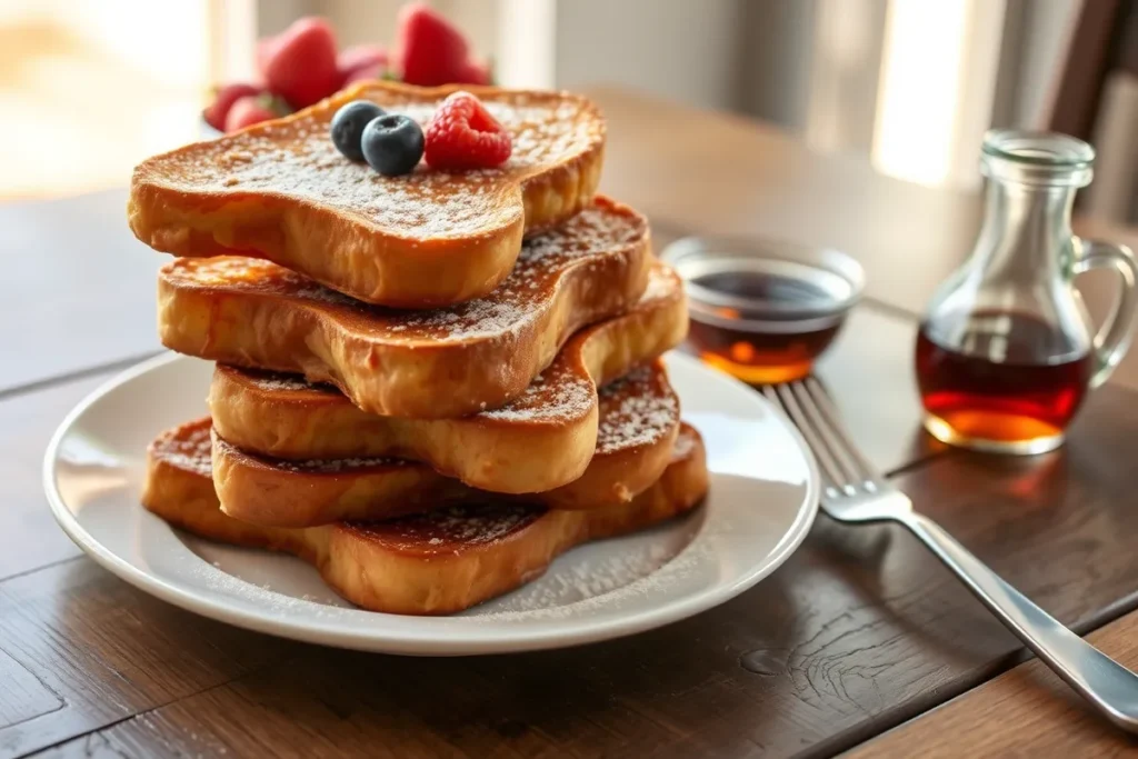 Golden-brown French toast with berries and syrup on a rustic table