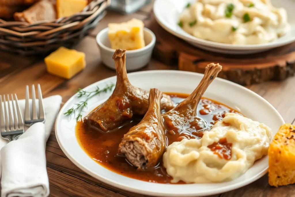 Smothered turkey necks with mashed potatoes and cornbread on a rustic dinner table.