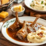 Smothered turkey necks with mashed potatoes and cornbread on a rustic dinner table.