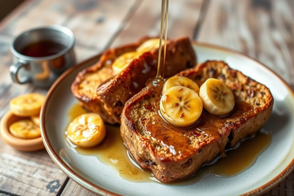 "Plate of golden French toast topped with banana slices and drizzled with maple syrup, served on a rustic wooden table with a metal cup of coffee in the background."