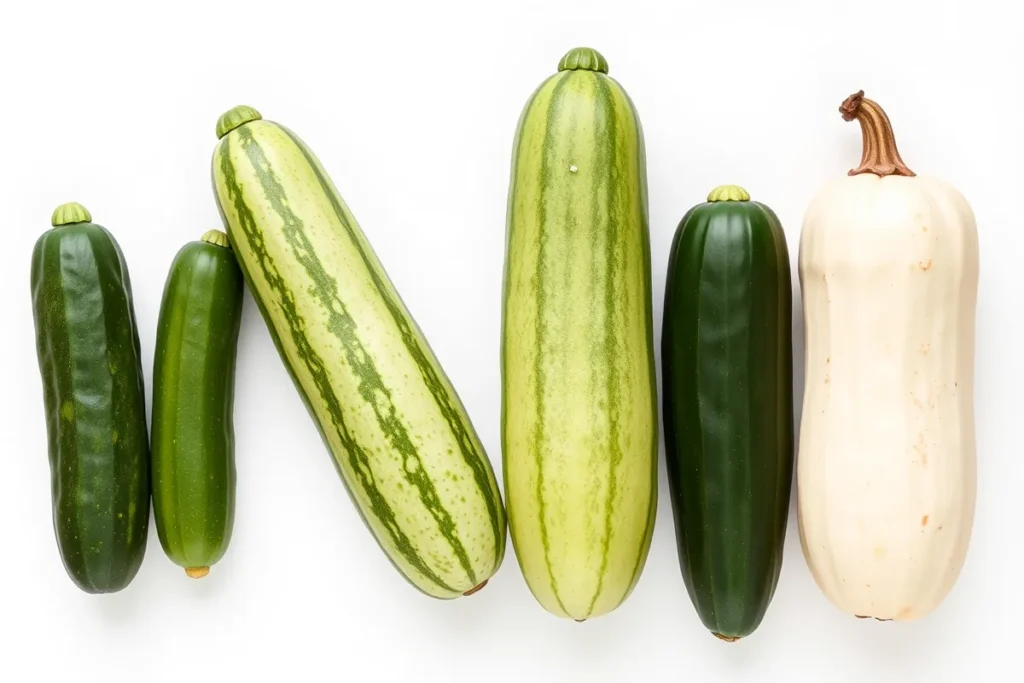 Various cucumber types suitable for kimchi preparation.