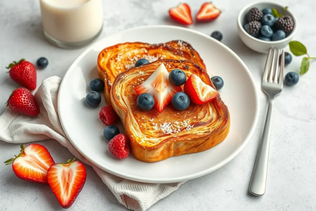 Two golden-brown swirled French toast slices topped with fresh blueberries, strawberries, and powdered sugar, served on a white plate with scattered berries and a glass of milk in the background