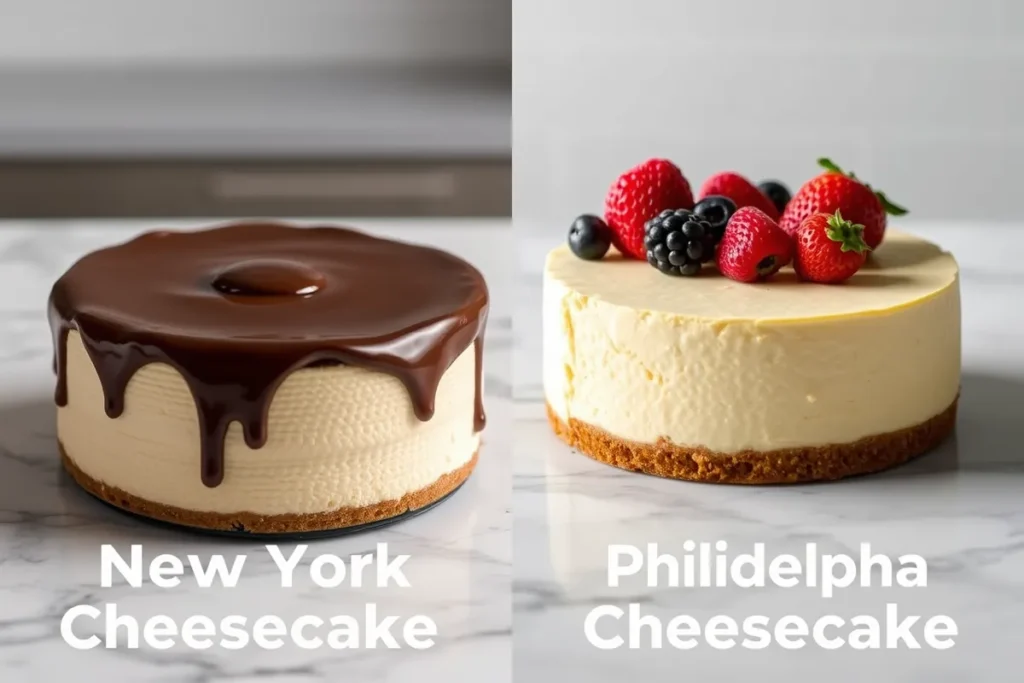 Side-by-side comparison of New York and Philadelphia cheesecakes with different garnishes.