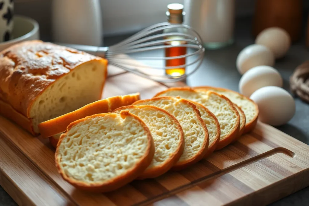 Thick slices of brioche bread on a cutting board with eggs and vanilla.