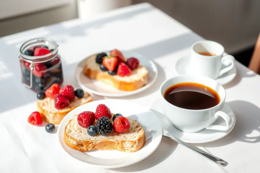 Slices of brioche served with berries and jam on a breakfast table.