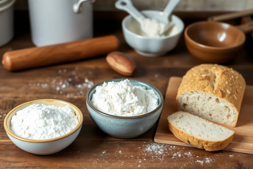 Loaves of bread made from almond flour and coconut flour with bowls of flour on a rustic kitchen countertop.