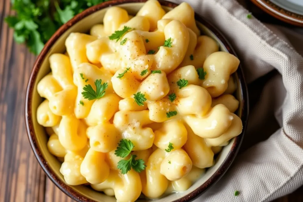 "A bowl of creamy macaroni and cheese topped with fresh parsley, served on a wooden surface with a beige napkin on the side.