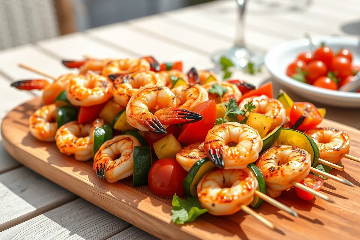 Grilled shrimp skewers with colorful vegetables.