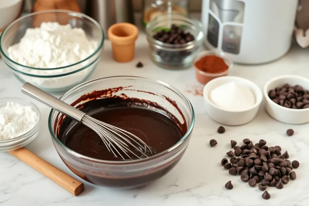 Ingredients for brownie mix on a kitchen counter with a bowl of batter and a whisk.