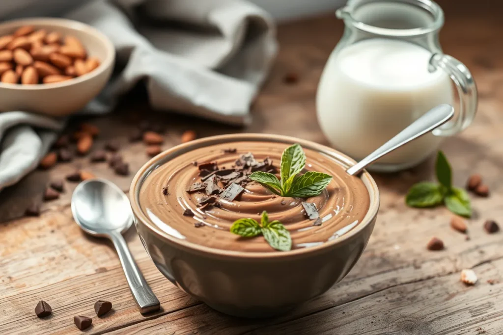 A bowl of creamy chocolate protein pudding garnished with chocolate shavings and mint leaves.