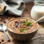 A bowl of creamy chocolate protein pudding garnished with chocolate shavings and mint leaves.