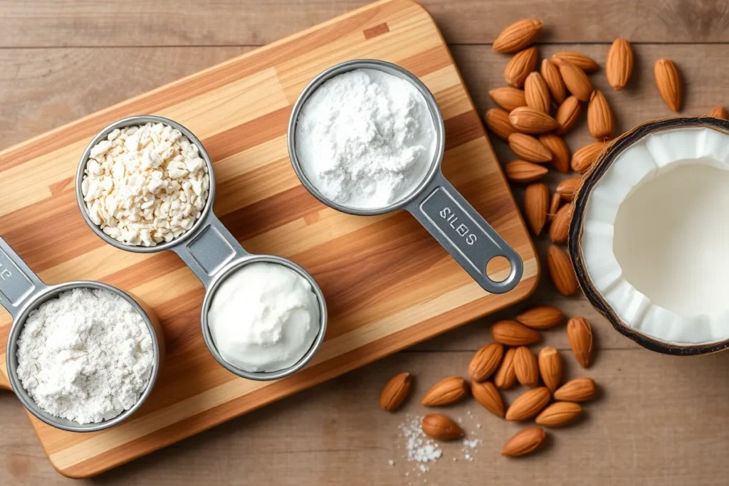 Almond flour and coconut flour in measuring cups with nutritional labels, almonds, and a halved coconut.