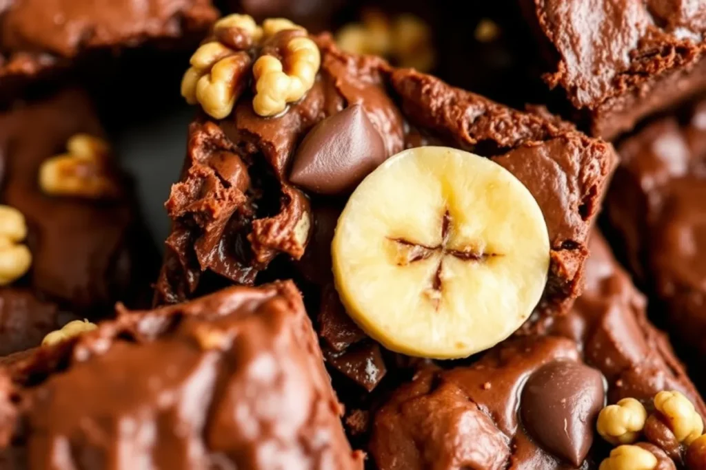 "Close-up of rich chocolate brownies topped with banana slices, chocolate chips, and walnut halves."