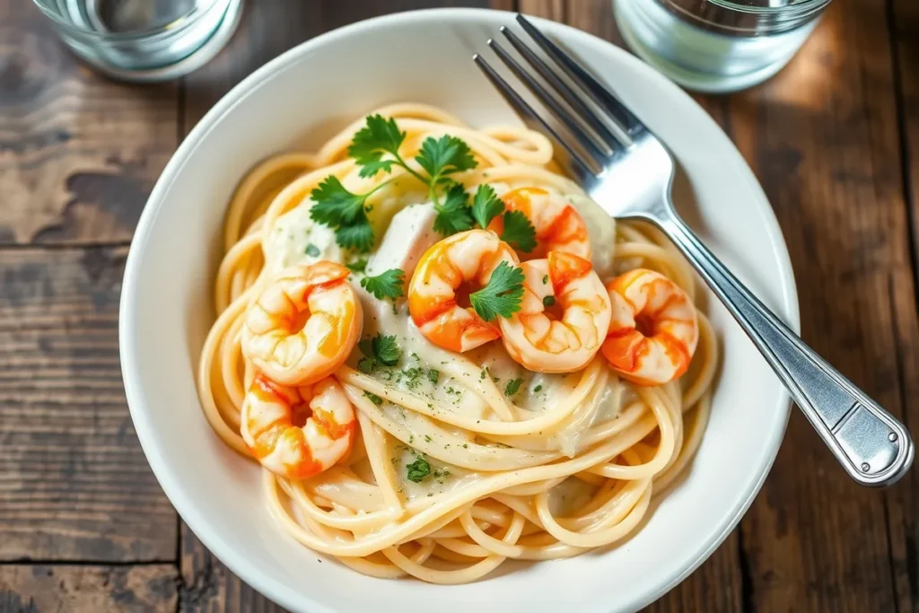 Shrimp Alfredo pasta with parsley garnish.