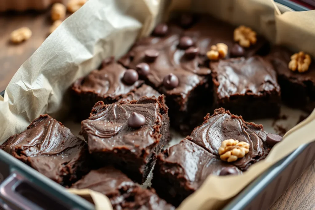 Gooey brownies with chocolate chips and walnuts in a baking dish.